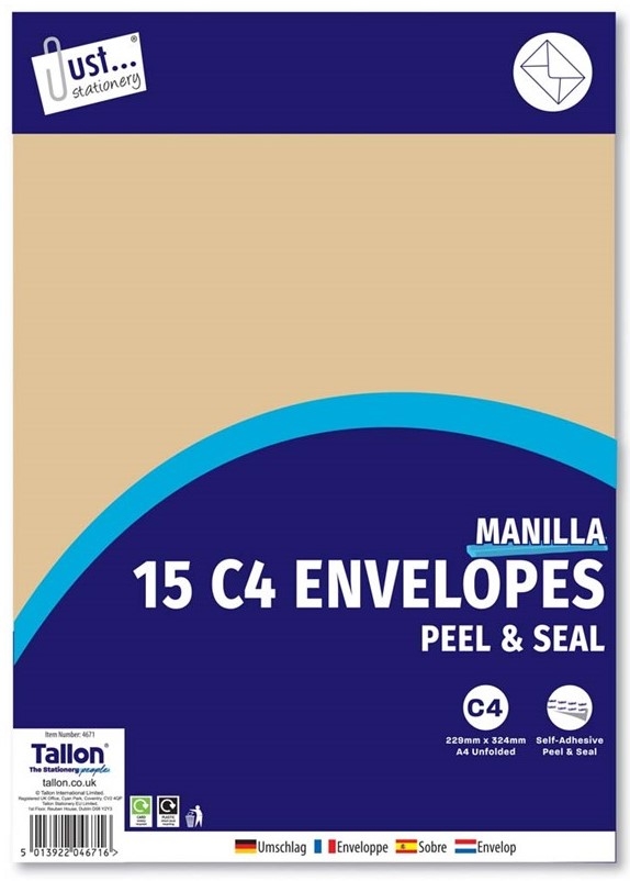 C4 MANILA ENVELOPES PEEL SEAL 15PK