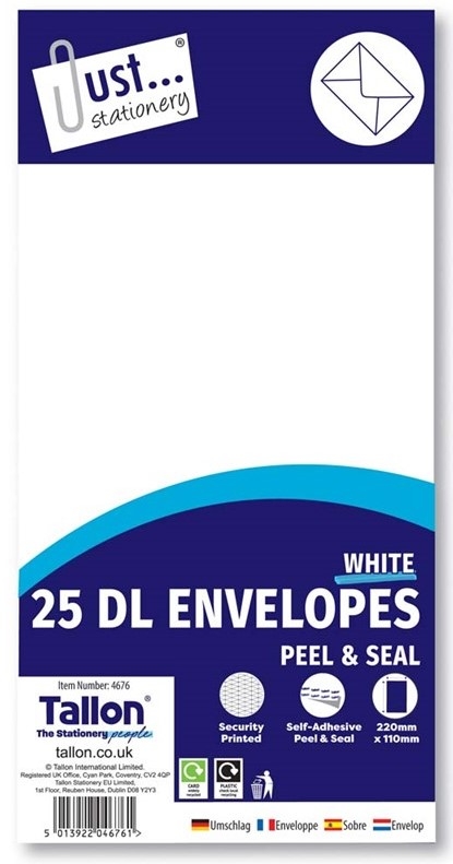 DL WHITE ENVELOPES PEEL SEAL 25PK