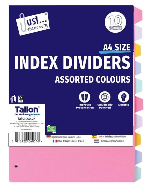 J/S A4 INDEX DIVIDERS 10 PACK
