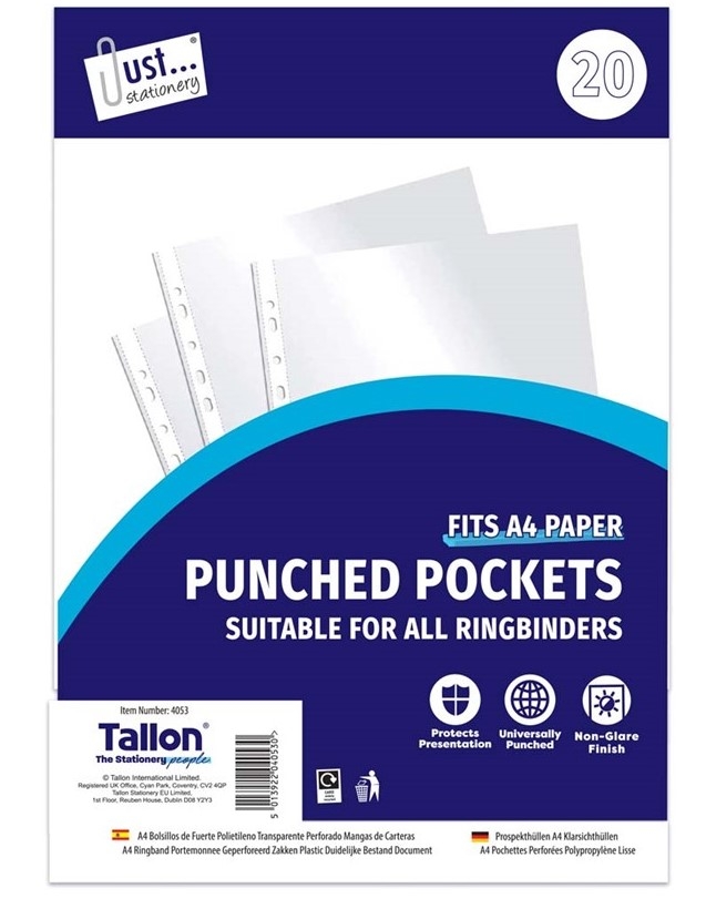 J/S PUNCHED PLASTIC POCKETS 20 PACK