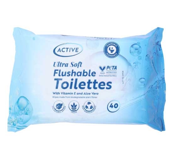 ACTIVE FLUSHABLE TOILET WIPES 40PK