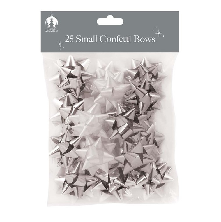 XMAS 25 SMALL CONFETTI BOWS SIL&WHI