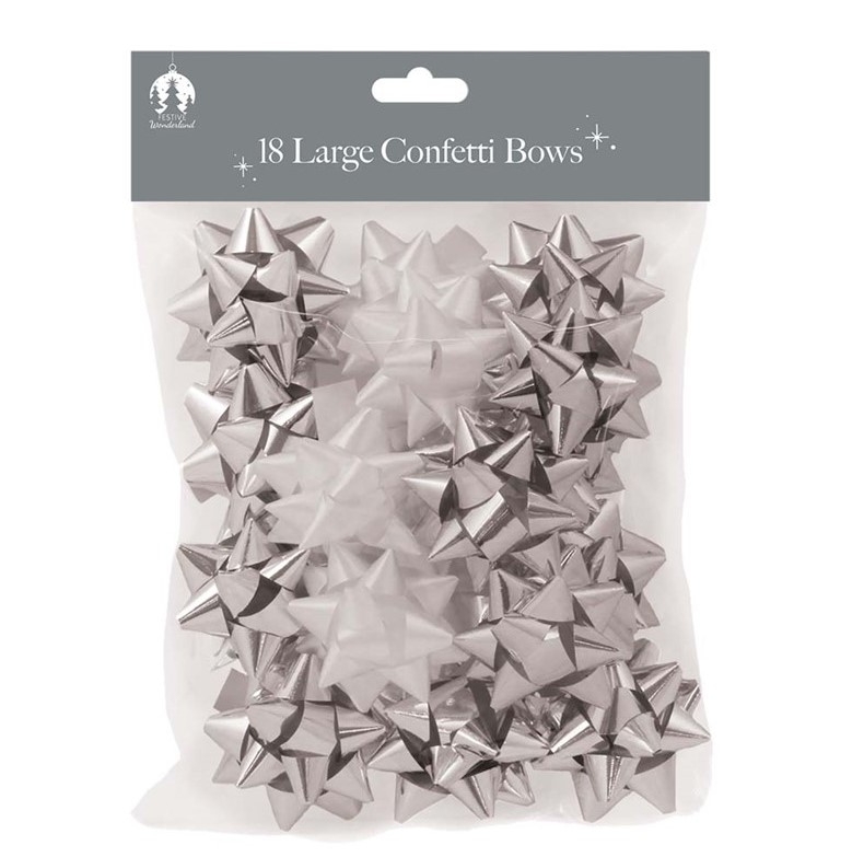 XMAS 18 LARGE CONFETTI BOWS SIL&WHI