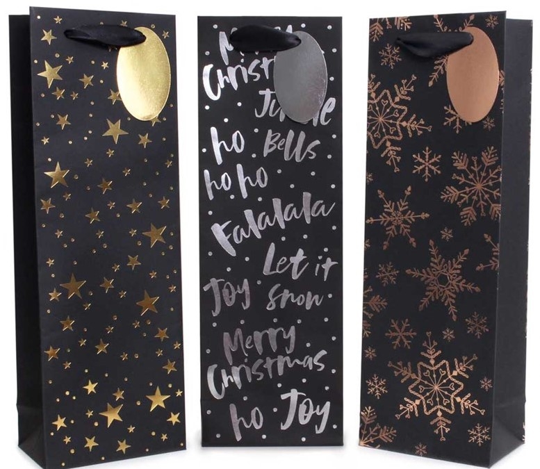 XMAS FOIL BLACK BOTTLE GIFT BAGS